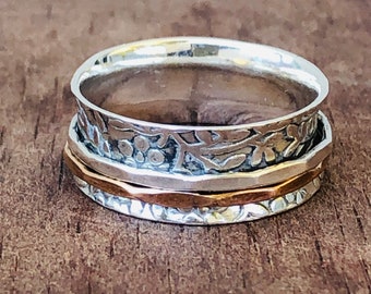 Floral Spinner Ring, Sterling Silver, Copper Silver Bands, Meditation Ring, Anxiety Ring, Size 8 Spin Ring, Gift For Her, Handmade, #A0034b