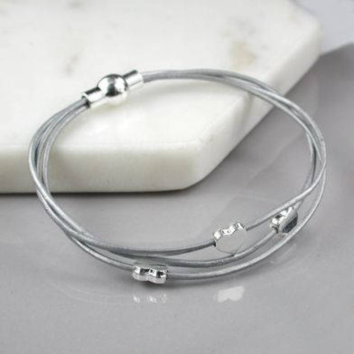 Bracelet With Hearts Triple Strands Silver Plated Grey Etsy