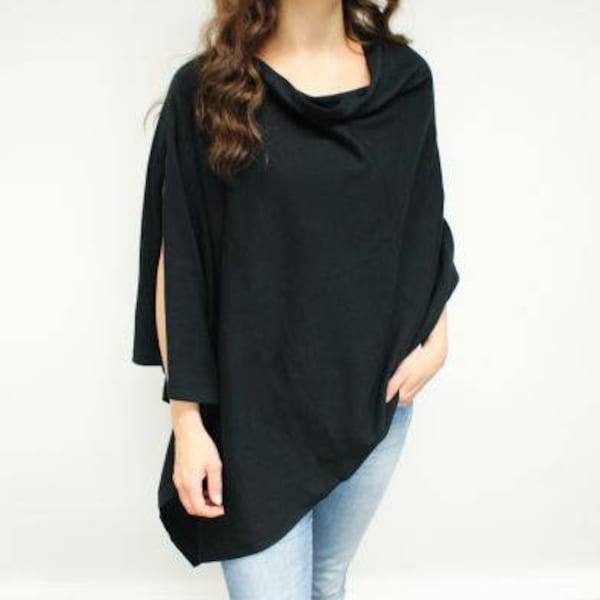 Woman's Black Cotton Poncho, One Size Fits Most, Cotton Poncho, Stocking Filler, Knitted Poncho, European Poncho, Xmas Gift Stocking, #60007