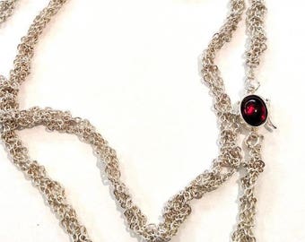Crochet Sterling Chain Necklace/Bracelet With Garnet Clasp