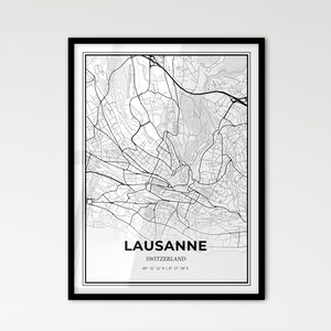Lausanne, Suisse - Plan de la ville de style scandinave pour une décoration intérieure moderne - Poster en noir et blanc