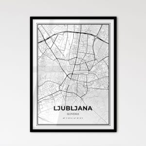 Liubliana, Eslovenia - Mapa de la ciudad de estilo escandinavo para una decoración moderna del hogar - Póster en blanco y negro