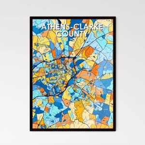 Affiche de carte artistique du comté d'Athènes-Clarke en Géorgie - décoration vibrante et unique pour votre maison ou cadeau personnalisable parfait !