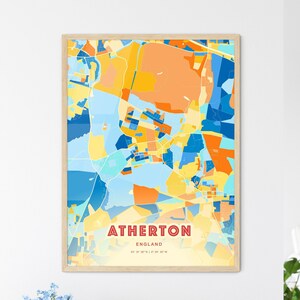 Carte artistique couleurs côtières d'Atherton, Angleterre, carte de la ville d'Atherton, Angleterre - affiche personnalisable ou téléchargement numérique