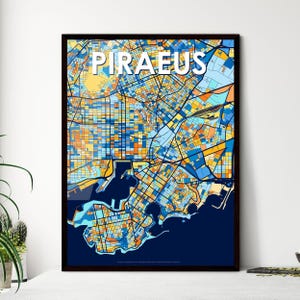 Poster carte artistique du Pirée, Grèce : décoration murale unique pour la maison, cadeau personnalisable parfait pour toutes les occasions !