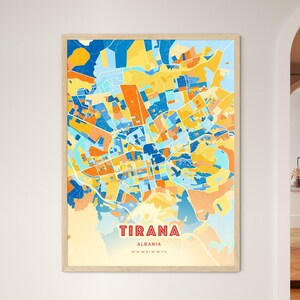 Mappa artistica dei colori costieri di Tirana, Albania, mappa della città di Tirana, Albania - Stampa poster personalizzabile o download digitale