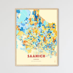 Mapa de arte com cores costeiras de Saanich, Canadá, mapa da cidade de Saanich, Canadá - pôster personalizável, impressão ou download digital
