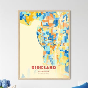 Mapa de arte em cores costeiras de Kirkland, Washington, pôster criativo de duas cores da cidade natal de Kirkland, EUA, também disponível para download digital