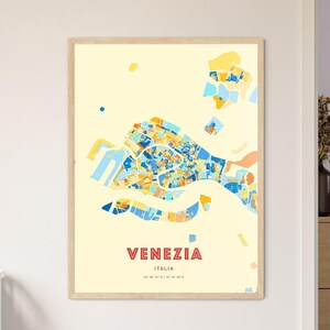 Carte d'art de Venise Italie couleurs côtières, carte de la ville de Venezia Italia - impression poster personnalisable ou téléchargement numérique