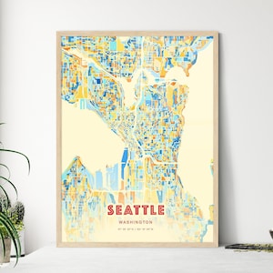 Kunstkaart kustkleuren Seattle Washington, stadskaart Seattle VS - aanpasbare posterafdruk, ingelijst of aluminiumdibond