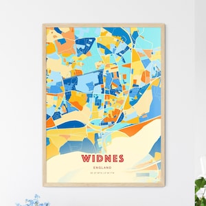 Mapa artístico de colores de la costa de Widnes, Inglaterra. Mapa de la ciudad de Widnes, Inglaterra: póster personalizable, impresión o descarga digital.