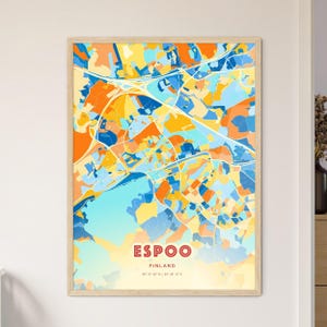 Carte artistique couleurs côtières d'Espoo, Finlande, carte de la ville d'Espoo, Finlande - affiche personnalisable, impression ou téléchargement numérique