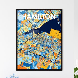 Impressão de arte de mapa de Hamilton personalizada - decoração de parede vibrante de cidade canadense, ideia de presente exclusiva para casa, personalizável | Design colorido
