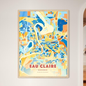 Carte artistique couleurs côtières d'Eau Claire, Wisconsin, eau Claire Usa, affiche créative bicolore de ville natale, également en téléchargement numérique