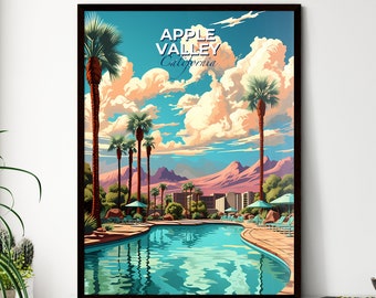 Apple Valley, California, A Poster of a pool with palm trees and mountains in the background