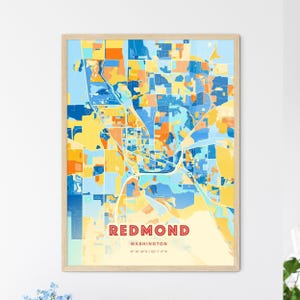 Bunter Redmond Washington Washington Blau Orange Fine Art Print Redmond USA Stadt Karte - Personalisierbarer Posterdruck, gerahmt oder Aluminium Dibond