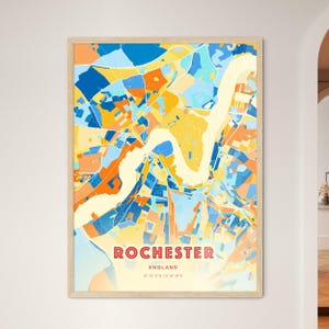 Carte artistique couleurs côtières de Rochester, Angleterre, carte de la ville de Rochester, Angleterre - affiche personnalisable ou téléchargement numérique