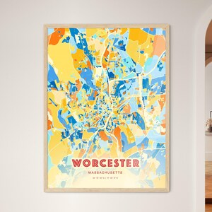 Mappa artistica dei colori costieri di Worcester, Massachusetts, mappa della città di Worcester, Stati Uniti - Stampa poster personalizzabile o download digitale