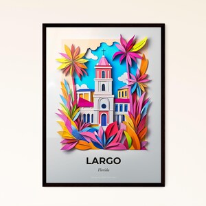 Vivid Largo, Florida - un ritaglio di carta di una chiesa circondata da fiori - Stampa Fine Art, personalizzabile