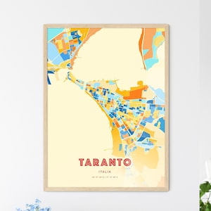 Carte artistique de couleurs côtières de Tarente Italie, carte de la ville de Tarente Italie - impression poster personnalisable ou téléchargement numérique