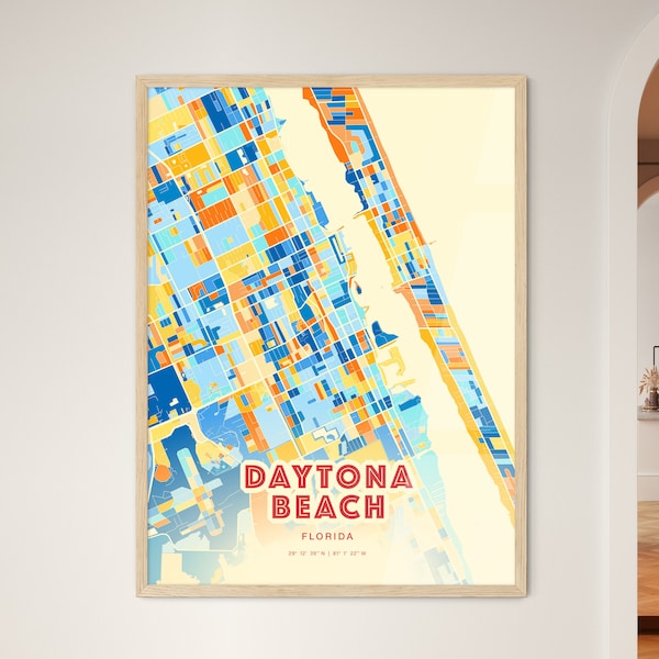 Colorful DAYTONA BEACH FLORIDA Blue Orange Fine Art Print, Daytona Beach Usa Two-toned Creative Hometown City Poster, a perfect gift.