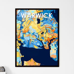 Carte artistique colorée du Rhode Island de Warwick - Décoration murale unique | Cadeau personnalisable pour la maison ou le bureau