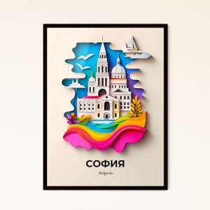 Das lebendige Swarovski, Bulgarien - Scherenschnitt einer Kirche mit einem Boot im Wasser - Fine Art Print, personalisierbar