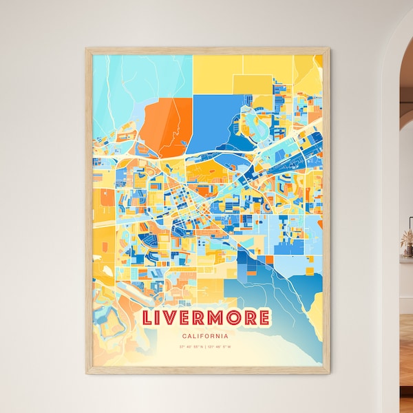 Colorful LIVERMORE CALIFORNIA Blue Orange Fine Art Print, Livermore Usa Two-toned Creative Hometown City Poster, a perfect gift.