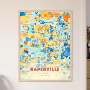 Colorful Naperville Illinois Blue Orange Fine Art Print, Naperville Usa City Map - Customizable Poster Print, Personalized Gift