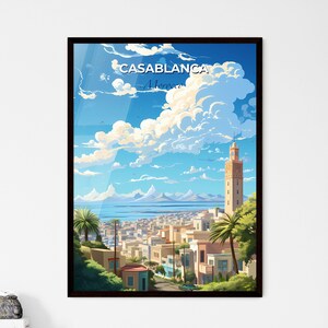 Skyline di Casablanca, Marocco - Una città con un'alta torre, alberi e montagne sullo sfondo - Regalo personalizzabile, arte di viaggio