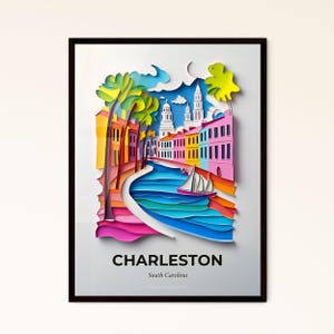 Charleston, South Carolina - Scherenschnitt einer Stadt mit Boot – Fine Art Print, individualisierbar