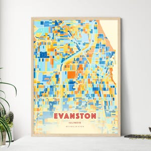 Evanston Illinois Küstenfarben Kunstkarte, Evanston USA zweifarbige Kreative Heimatstadt Stadt Poster, gerahmt oder Aluminium Dibond