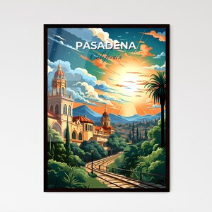 Pasadena, California, un dipinto di un edificio con alberi e montagne – Collezione Travel Skylines / Personalizzabile