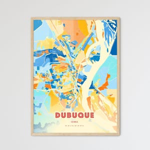 Mapa artístico de colores costeros de Dubuque, Iowa. Mapa de la ciudad de Dubuque, Estados Unidos. Impresión de póster personalizable, enmarcada o en dibond de aluminio.