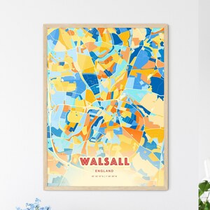 Carte artistique couleurs côtières de Walsall Angleterre, carte de la ville de Walsall Angleterre, impression poster personnalisable ou téléchargement numérique