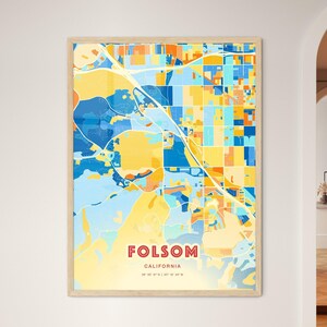 Mapa artístico de colores costeros de Folsom, California. Mapa de la ciudad de Folsom, Estados Unidos. Impresión de póster personalizable, enmarcada o en dibond de aluminio.
