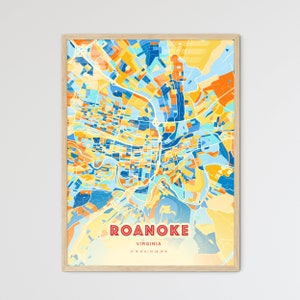 Colorful ROANOKE VIRGINIA Blue Orange Fine Art Print, Roanoke Usa Two-toned Creative Hometown City Poster, a perfect gift.