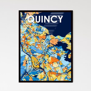 Poster con mappa artistica di Quincy, Massachusetts: decorazione vivace e unica per la casa, regalo personalizzabile perfetto per ogni occasione!