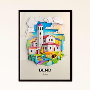 Vivid Bend, Oregon - Scherenschnitt einer Kirche und eines Flusses – Fine Art Print, individualisierbar