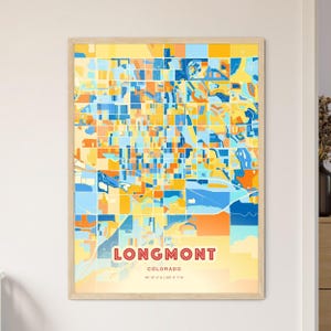 Mapa artístico de colores costeros de Longmont, Colorado. Póster creativo de ciudad natal de Longmont, EE. UU., en dos tonos. También disponible como descarga digital.