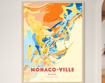 Colorful MONACO-VILLE MONACO Blue Orange Fine Art Print, Monaco-Ville Monaco City Map, a perfect gift.