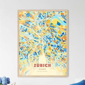 Mapa artístico das cores costeiras de Zurique, Suíça, mapa da cidade de Zurique, Suíça - pôster personalizável, impressão ou download digital