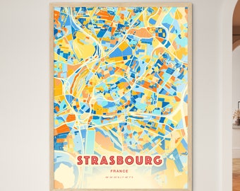 Colorful STRASBOURG FRANCE Blue Orange Fine Art Print, Strasbourg France City Map, a perfect gift.