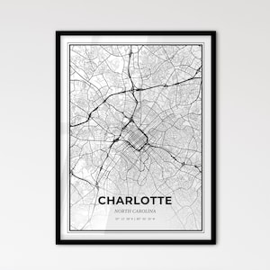 Charlotte North Carolina - Stadtplan im Skandinavischen Stil für das moderne Wohndekor - Schwarz-Weiß-Poster