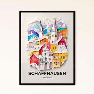 Lebendiges Schaffhausen, Schweiz - Scherenschnitt einer Stadt mit einem Berg im Hintergrund – Fine Art Print, individualisierbar