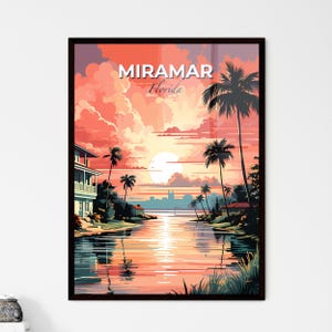 Miramar, Florida, un tramonto su uno specchio d'acqua con palme e una casa – Collezione Travel Skylines / Personalizzabile