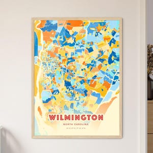 Carte d'art couleurs côtières de Wilmington en Caroline du Nord, affiche de ville natale créative bicolore Wilmington Usa, également en téléchargement numérique