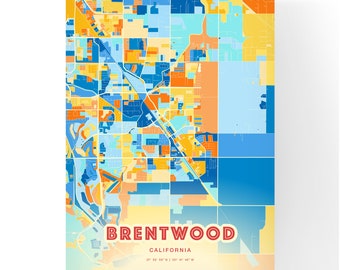 Bunter BRENTWOOD KALIFORNIEN Blau Orange Fine Art Print Brentwood USA Stadtplan, ein perfektes Geschenk.