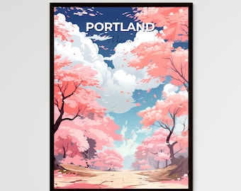 Portland, Maine, A Poster of a road with pink trees and blue sky. Customisable travel art print, a memorable gift.