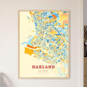 Mapa artístico de la costa de Oakland, California, con colores, mapa de la ciudad de Oakland, EE. UU. - Impresión de póster personalizable, enmarcada o en dibond de aluminio